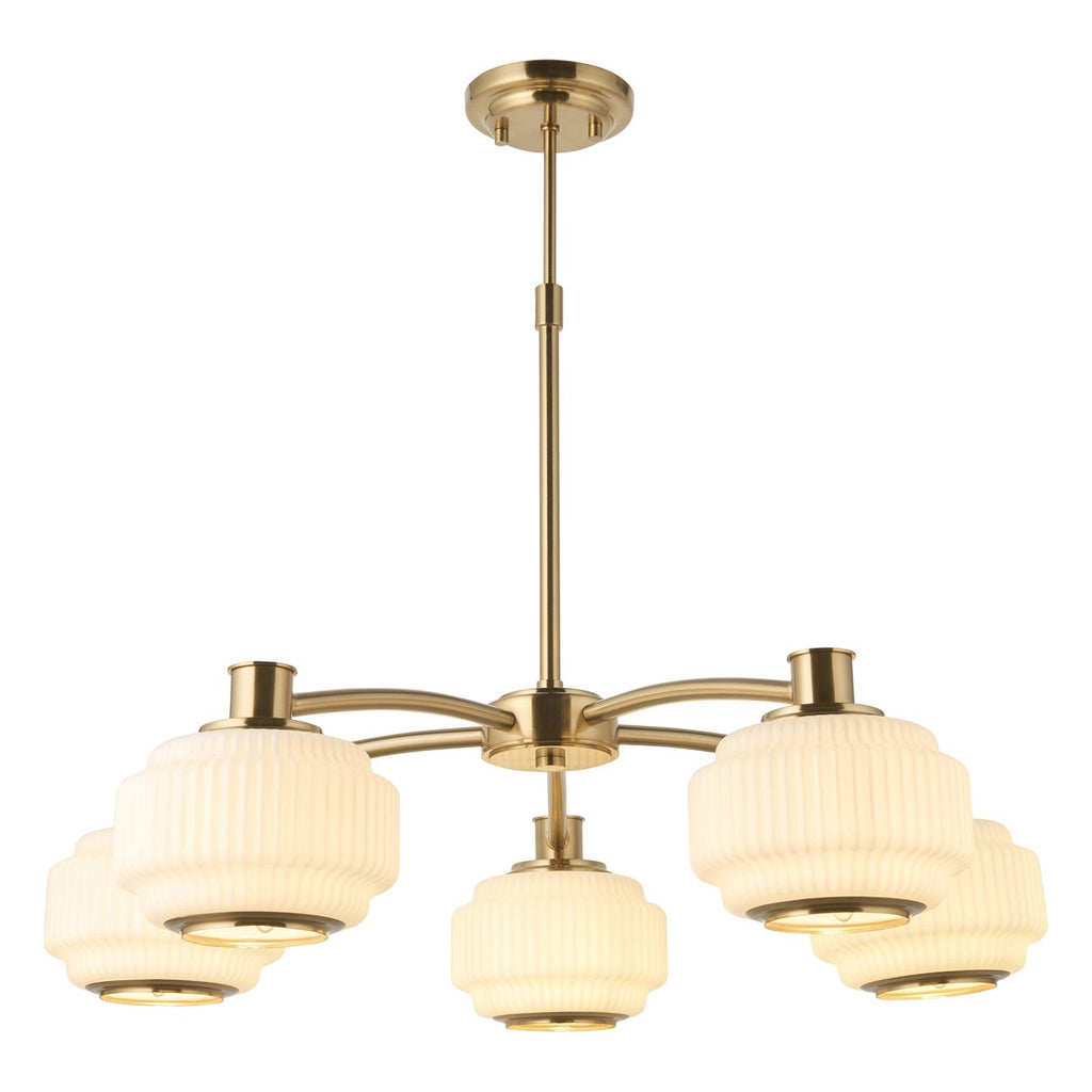 Endon Evora 5 Light Pendant Light in Brushed Aged Brass with Opal Ribbed Glass