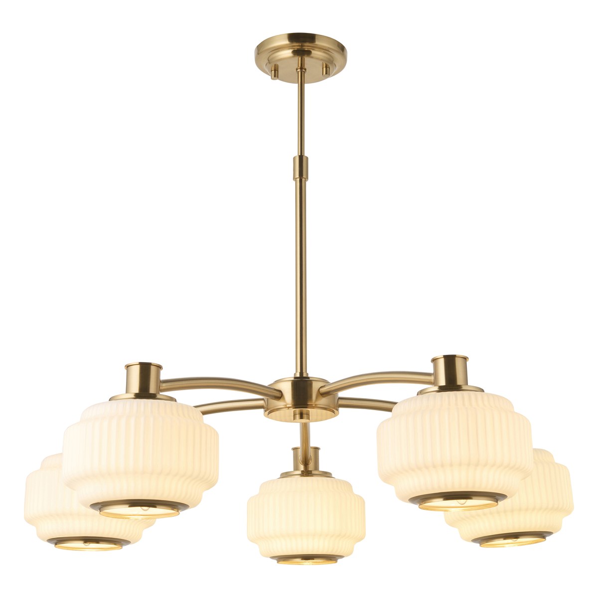 Endon Evora 5 Light Pendant Light in Brushed Aged Brass with Opal Ribbed Glass