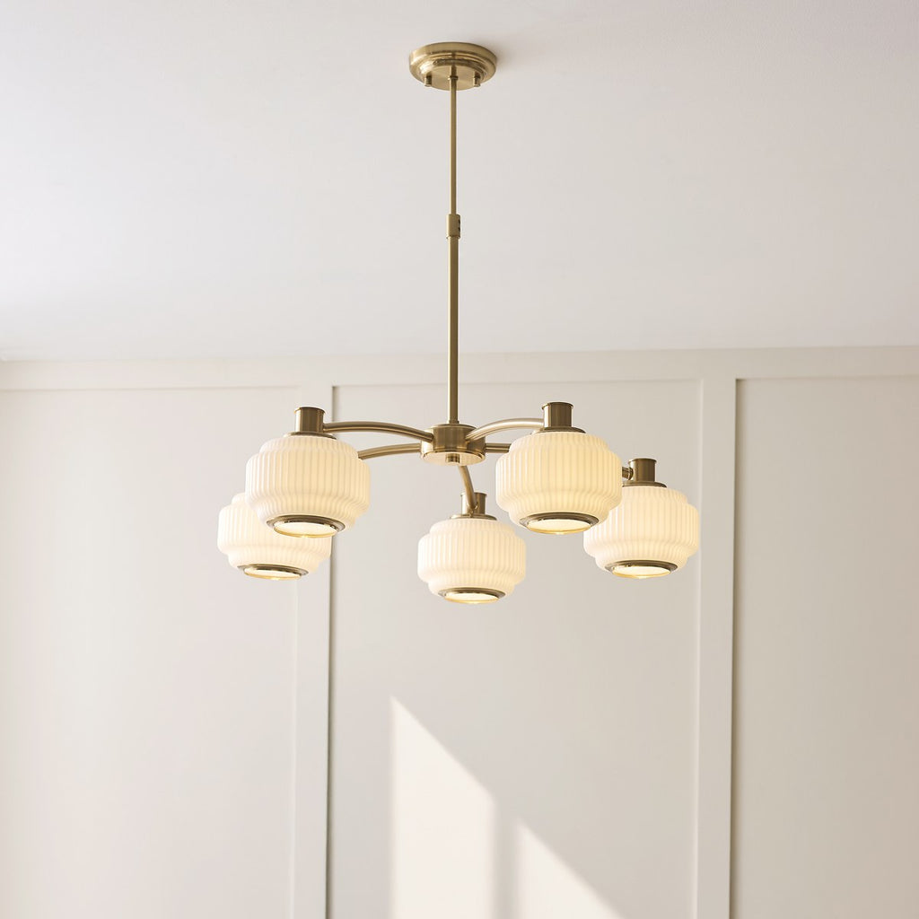 Endon Evora 5 Light Pendant Light in Brushed Aged Brass with Opal Ribbed Glass