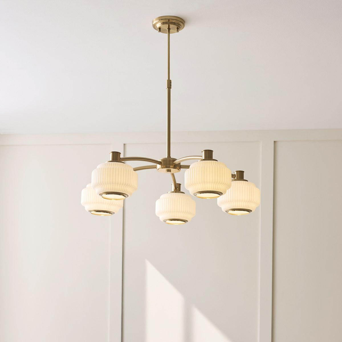 Endon Evora 5 Light Pendant Light in Brushed Aged Brass with Opal Ribbed Glass
