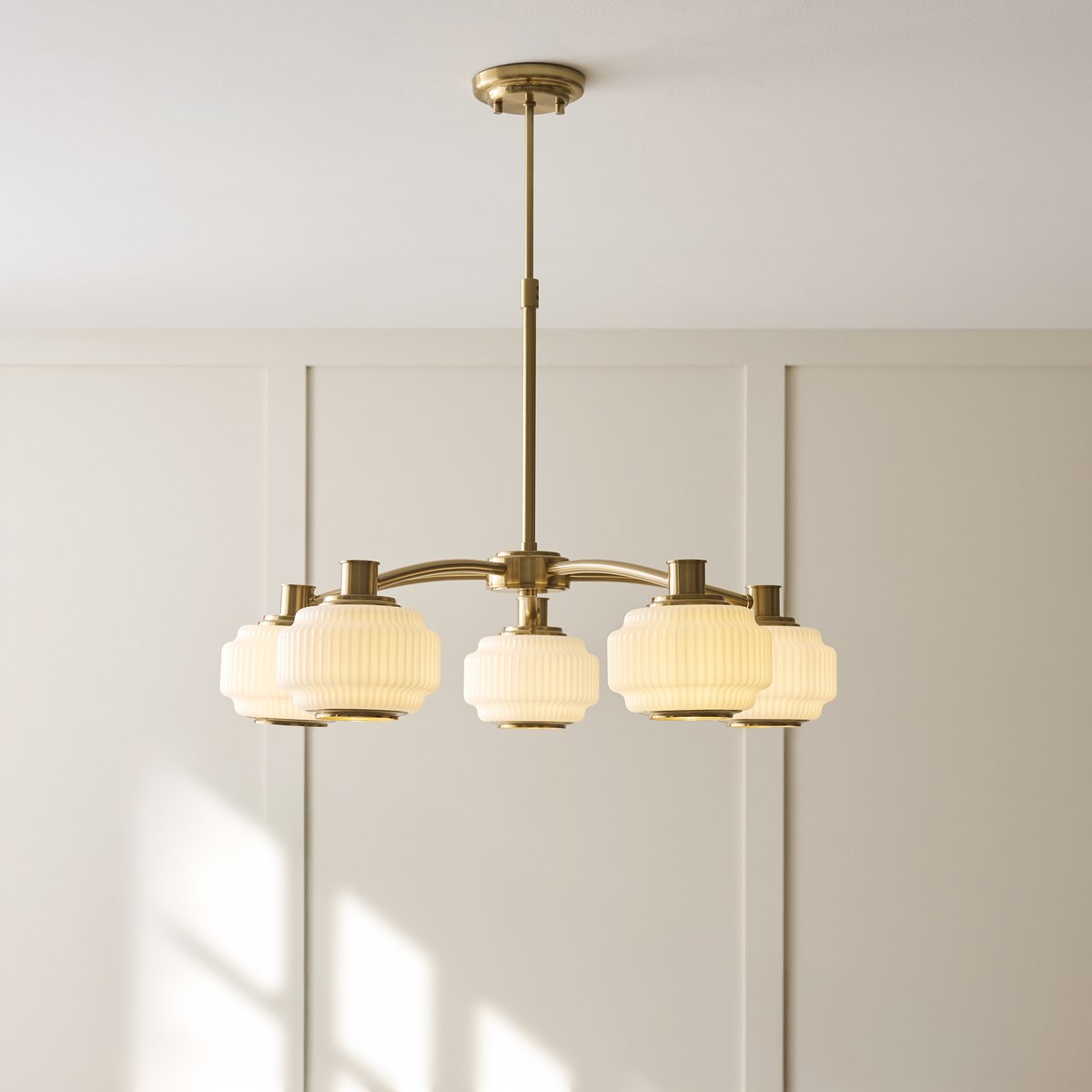 Endon Evora 5 Light Pendant Light in Brushed Aged Brass with Opal Ribbed Glass