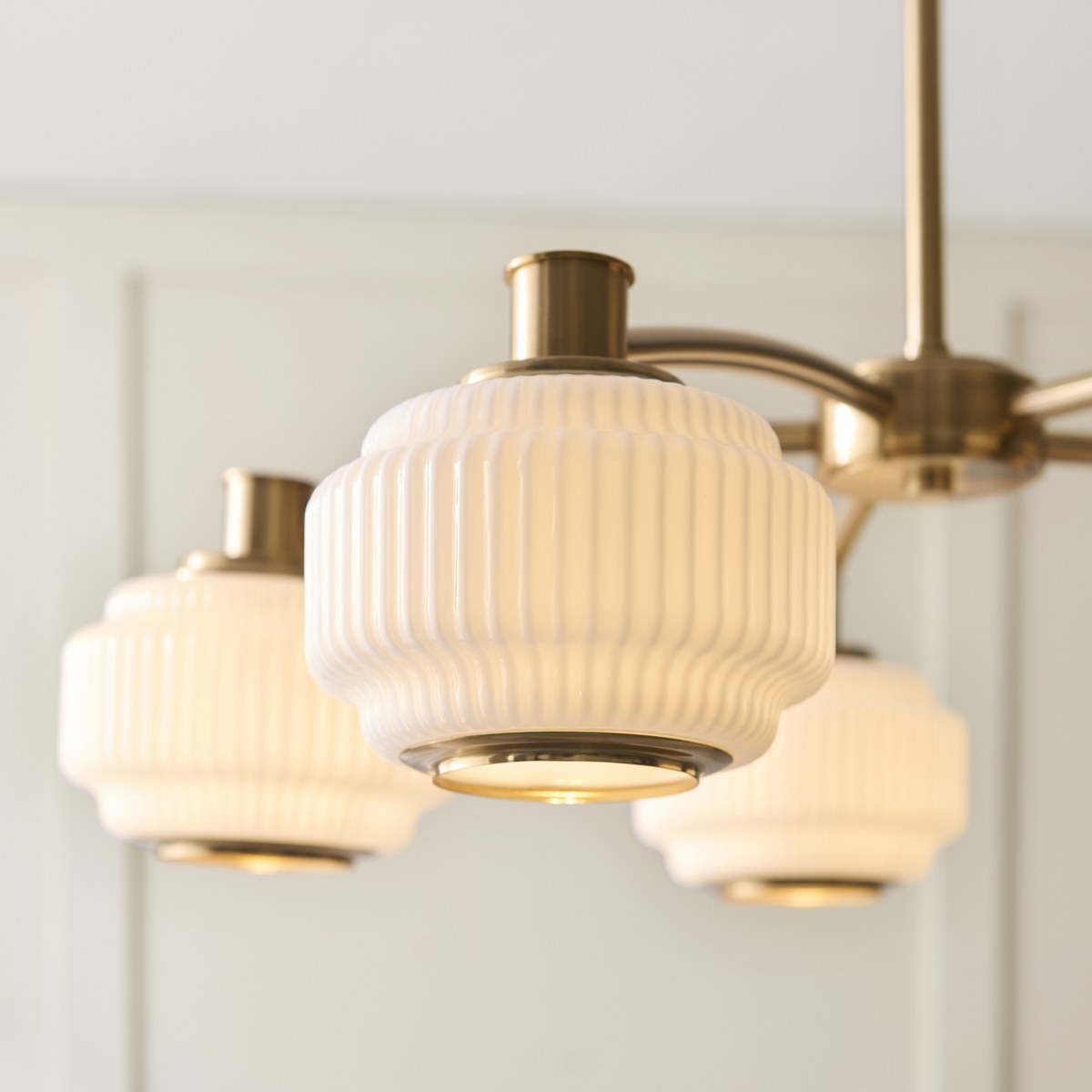 Endon Evora 5 Light Pendant Light in Brushed Aged Brass with Opal Ribbed Glass