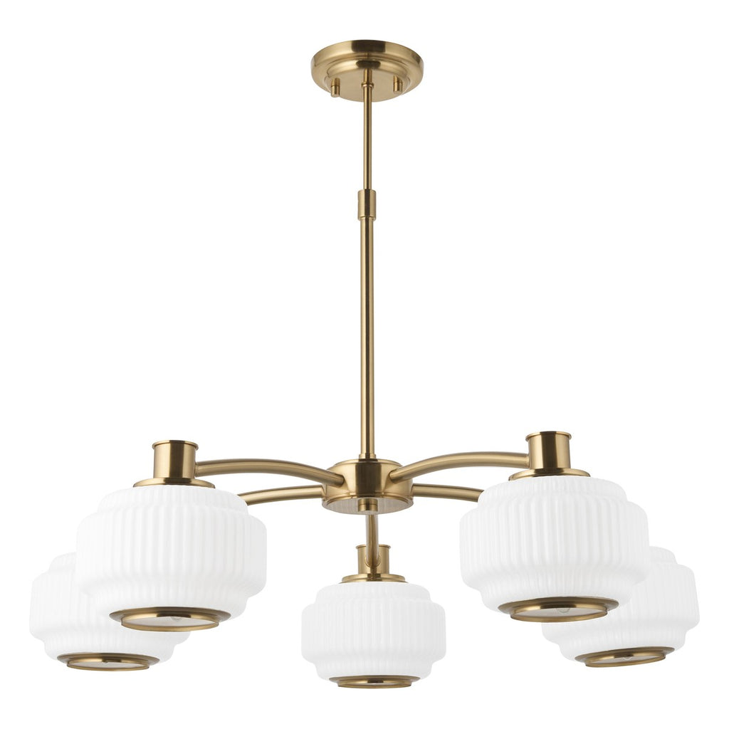 Endon Evora 5 Light Pendant Light in Brushed Aged Brass with Opal Ribbed Glass