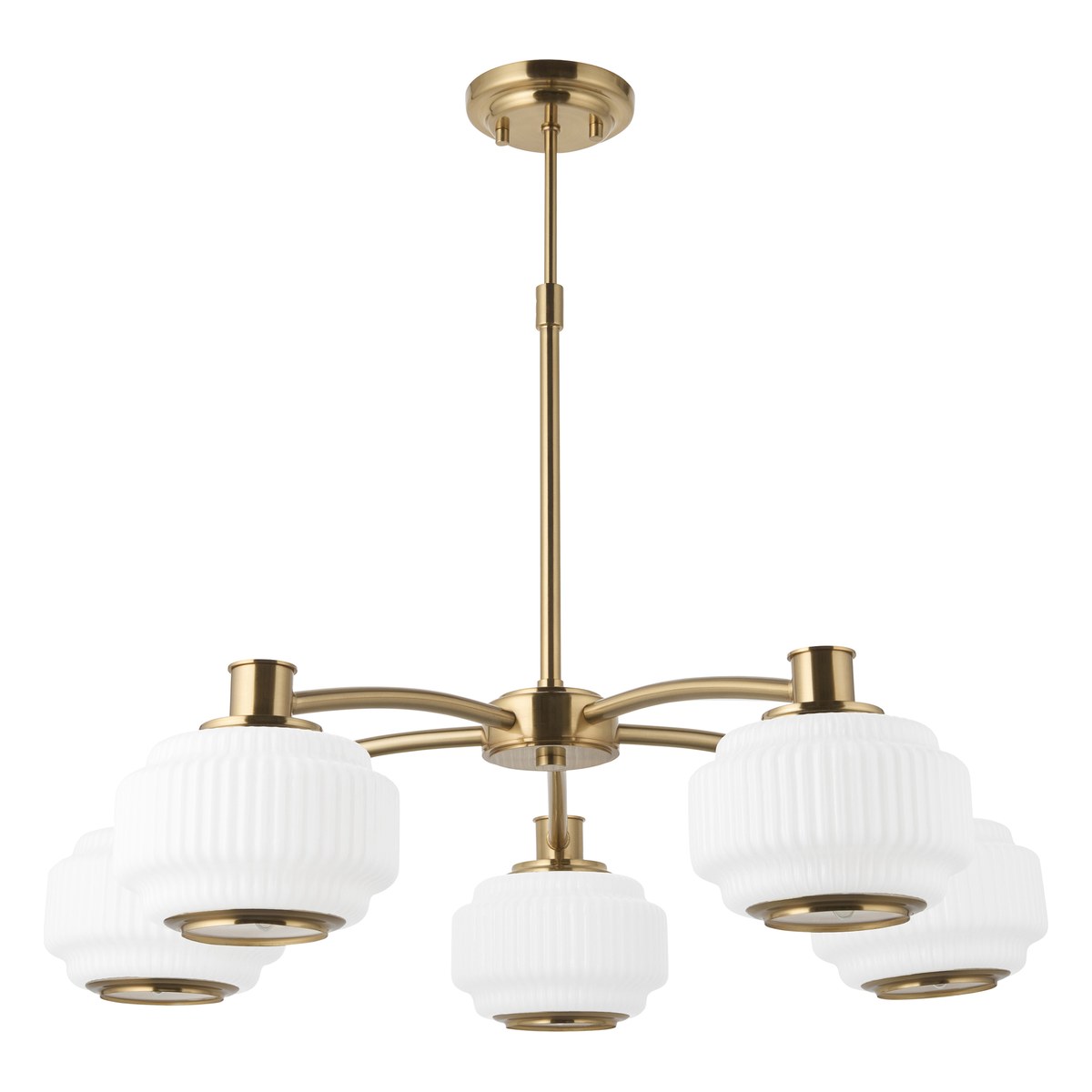 Endon Evora 5 Light Pendant Light in Brushed Aged Brass with Opal Ribbed Glass