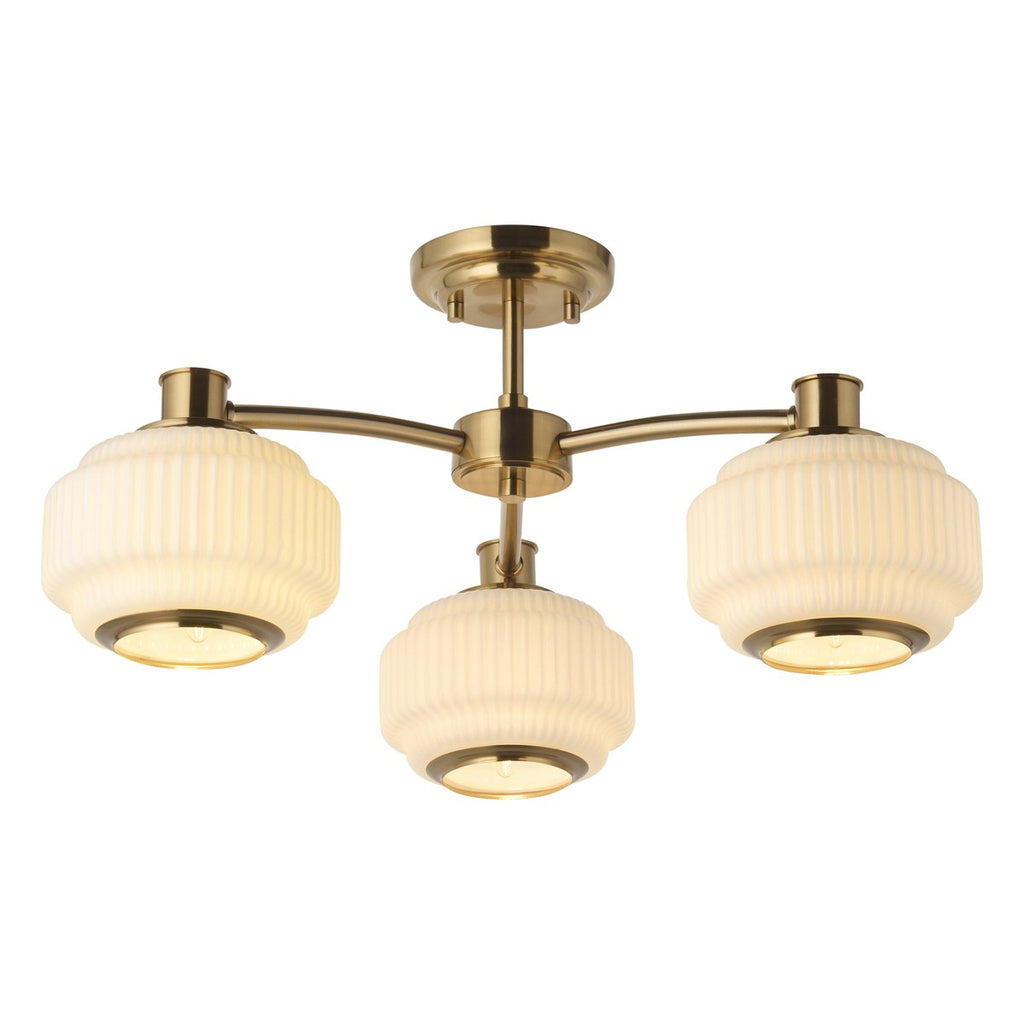 Endon Evora 3 Light Semi Flush Ceiling Light in Brushed Aged Brass with Opal Ribbed Glass