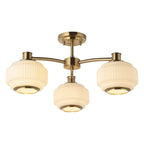 Endon Evora 3 Light Semi Flush Ceiling Light in Brushed Aged Brass with Opal Ribbed Glass