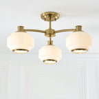 Endon Evora 3 Light Semi Flush Ceiling Light in Brushed Aged Brass with Opal Ribbed Glass