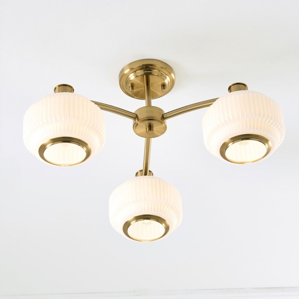 Endon Evora 3 Light Semi Flush Ceiling Light in Brushed Aged Brass with Opal Ribbed Glass