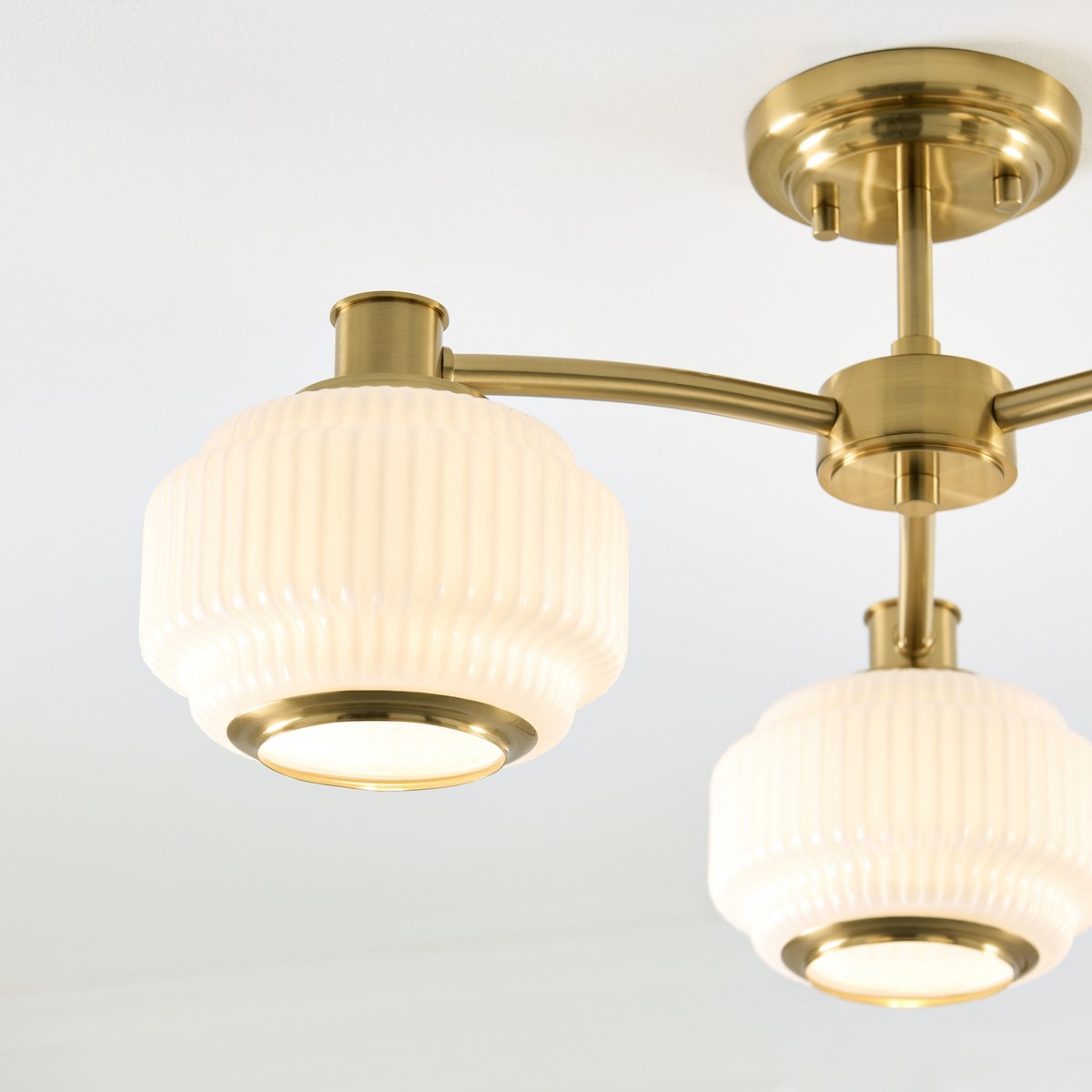 Endon Evora 3 Light Semi Flush Ceiling Light in Brushed Aged Brass with Opal Ribbed Glass