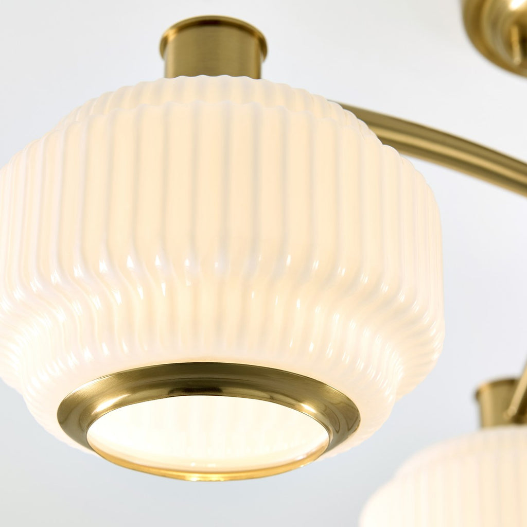 Endon Evora 3 Light Semi Flush Ceiling Light in Brushed Aged Brass with Opal Ribbed Glass