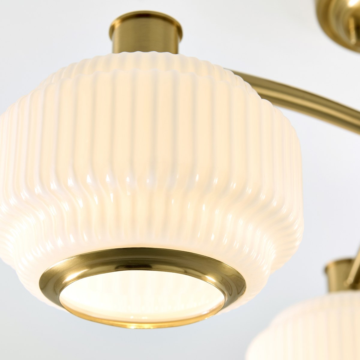 Endon Evora 3 Light Semi Flush Ceiling Light in Brushed Aged Brass with Opal Ribbed Glass