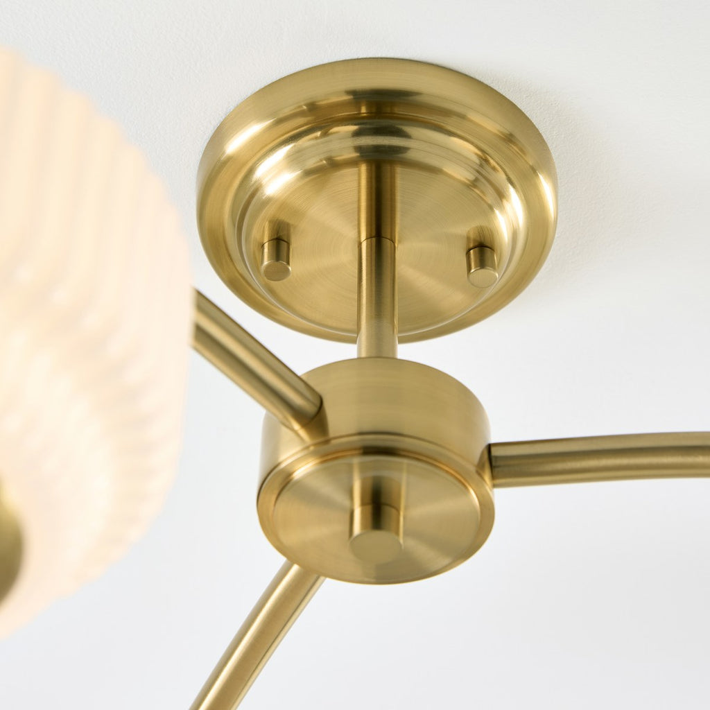 Endon Evora 3 Light Semi Flush Ceiling Light in Brushed Aged Brass with Opal Ribbed Glass