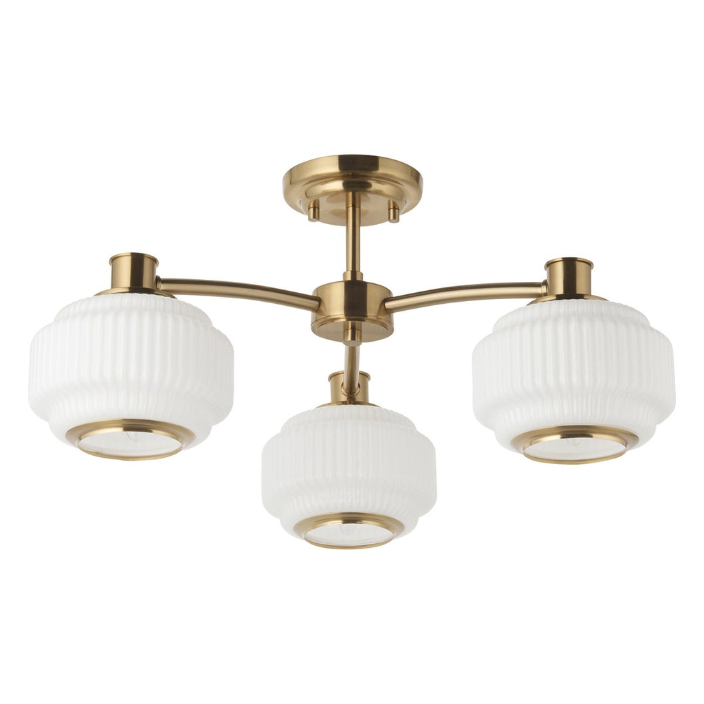 Endon Evora 3 Light Semi Flush Ceiling Light in Brushed Aged Brass with Opal Ribbed Glass