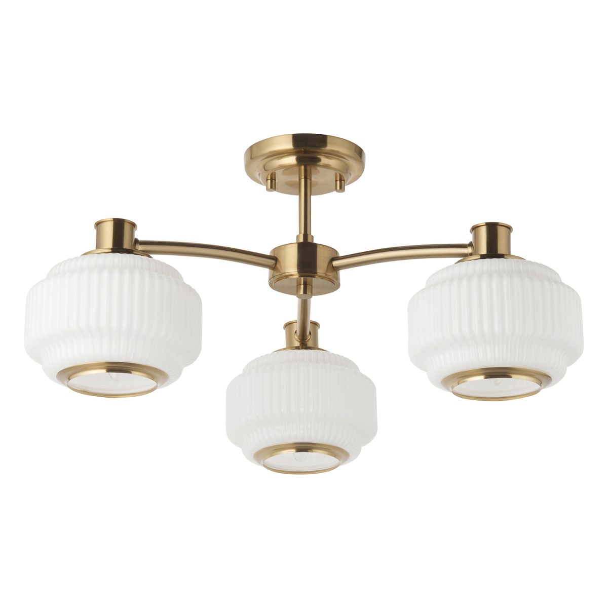 Endon Evora 3 Light Semi Flush Ceiling Light in Brushed Aged Brass with Opal Ribbed Glass