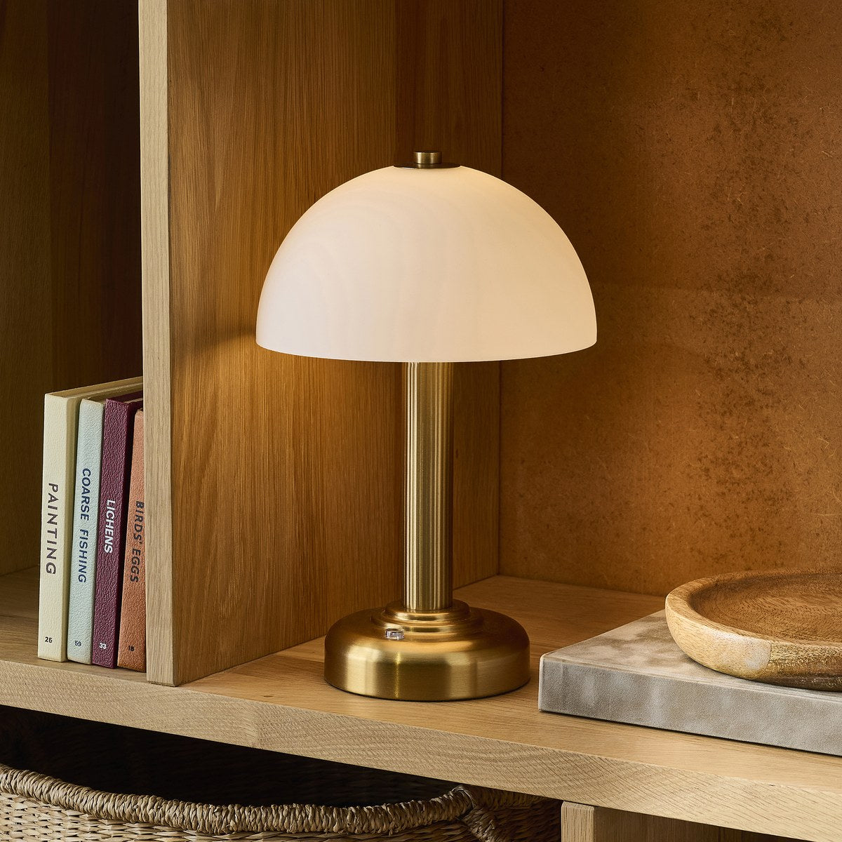 Endon Bridport Rechargeable Table Lamp in Warm Brass with Matt Opal Glass