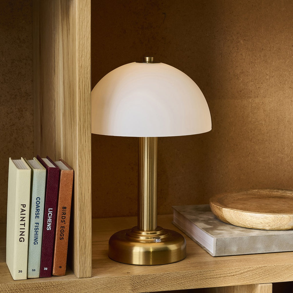 Endon Bridport Rechargeable Table Lamp in Warm Brass with Matt Opal Glass