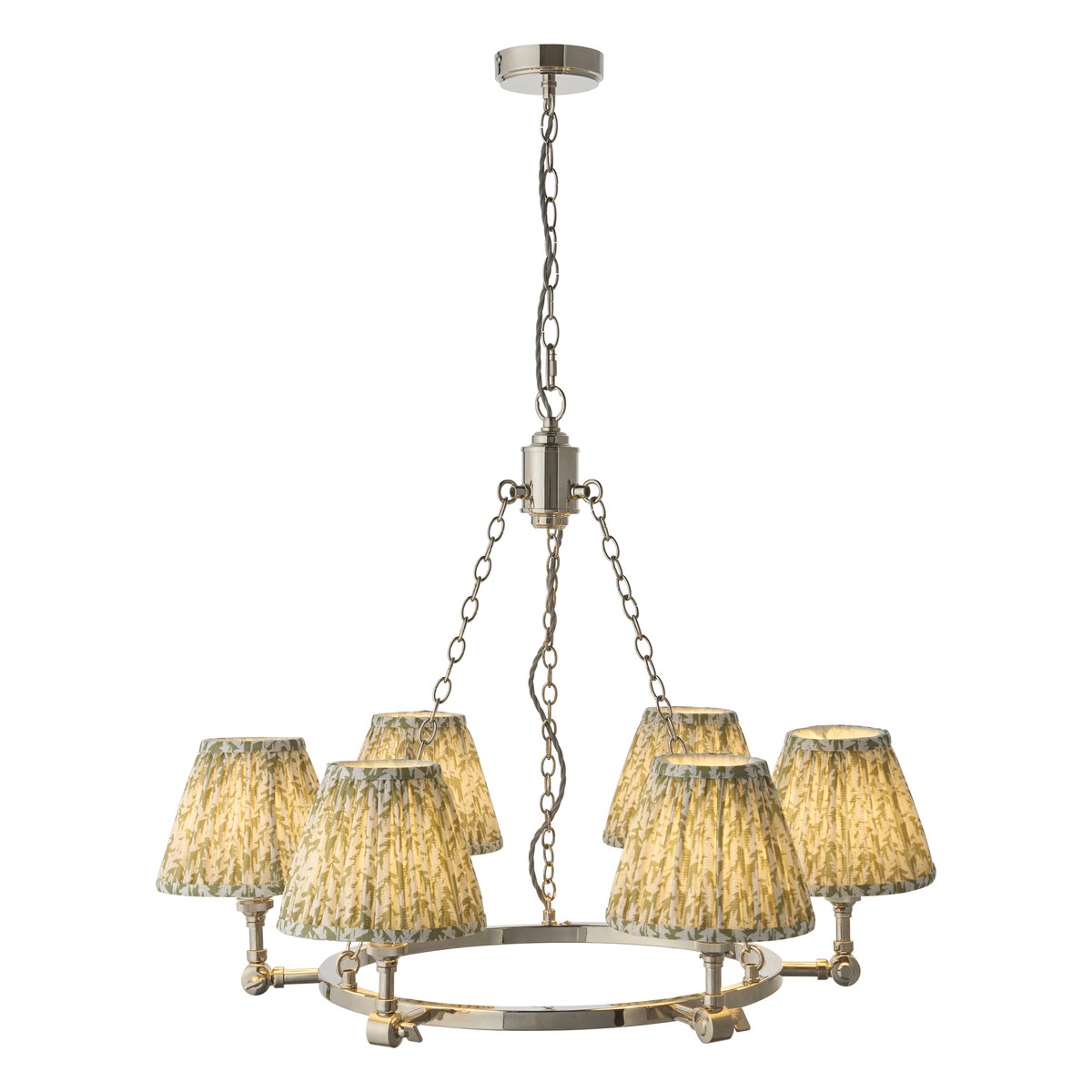 Endon Arabella 6 Light Pendant Light in Bright Nickel with Leaf Herb Garden Green Shades