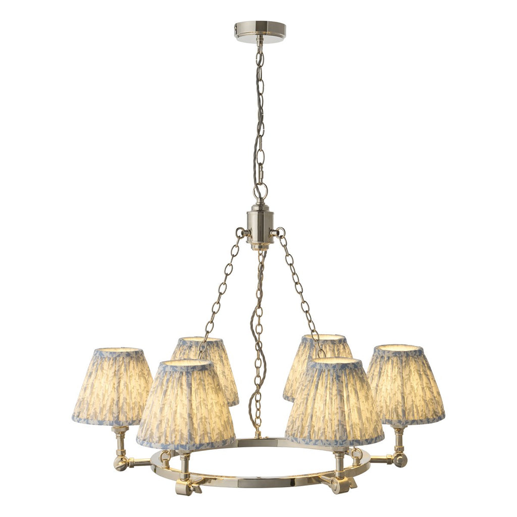 Endon Arabella 6 Light Pendant Light in Bright Nickel with Leaf Shell Bay Blue Shades