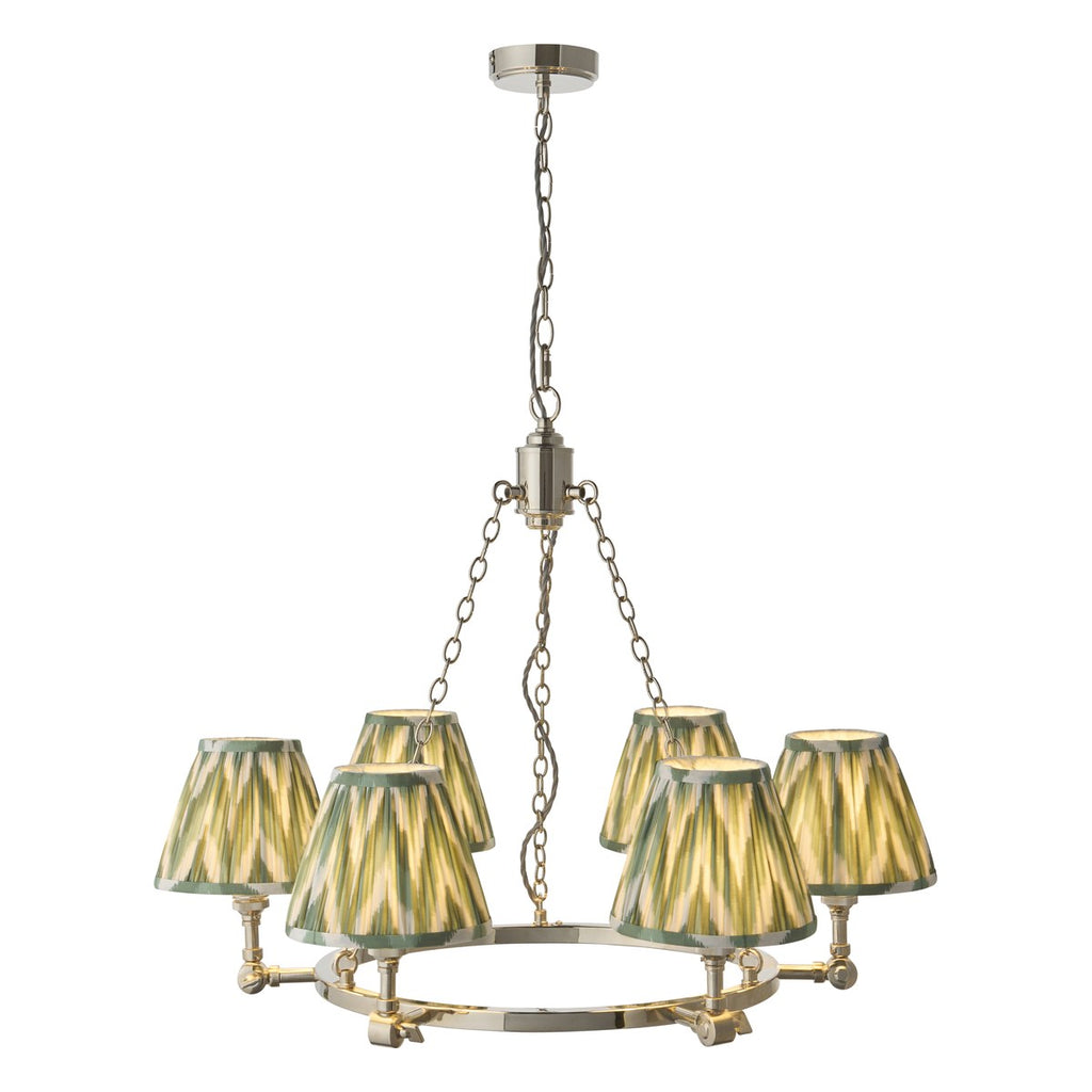 Endon Arabella 6 Light Pendant Light in Bright Nickel with Zigzag Cotswold Green Shades