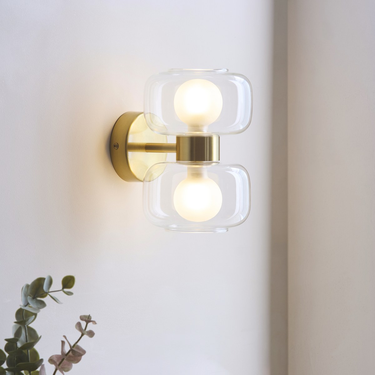 Endon Rossano 2 Light Wall Light in Warm Brass with Clear & Frosted Glass