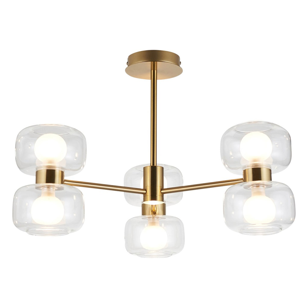 Endon Rossano 6 Light Semi Flush Ceiling Light in Warm Brass with Clear & Frosted Glass