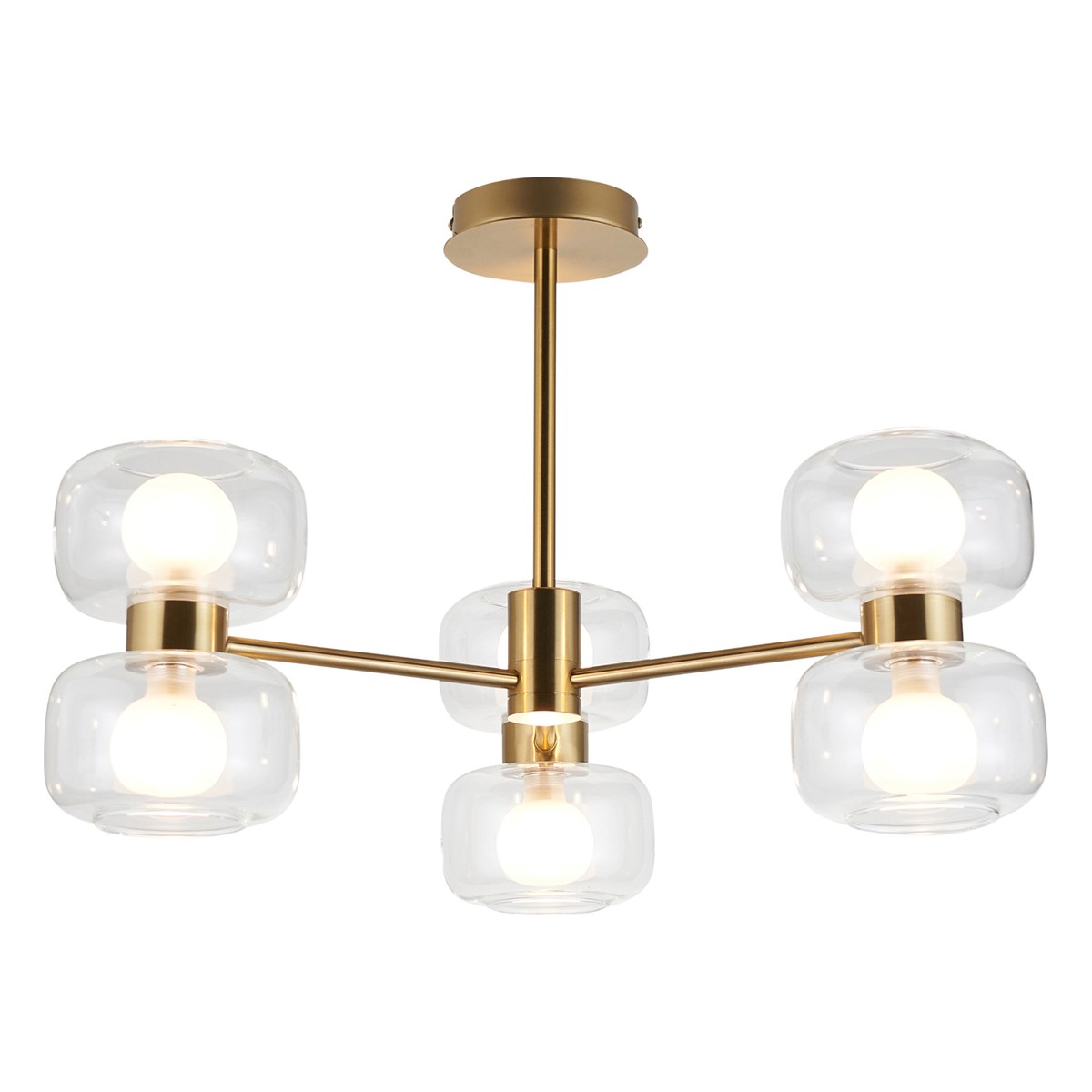 Endon Rossano 6 Light Semi Flush Ceiling Light in Warm Brass with Clear & Frosted Glass