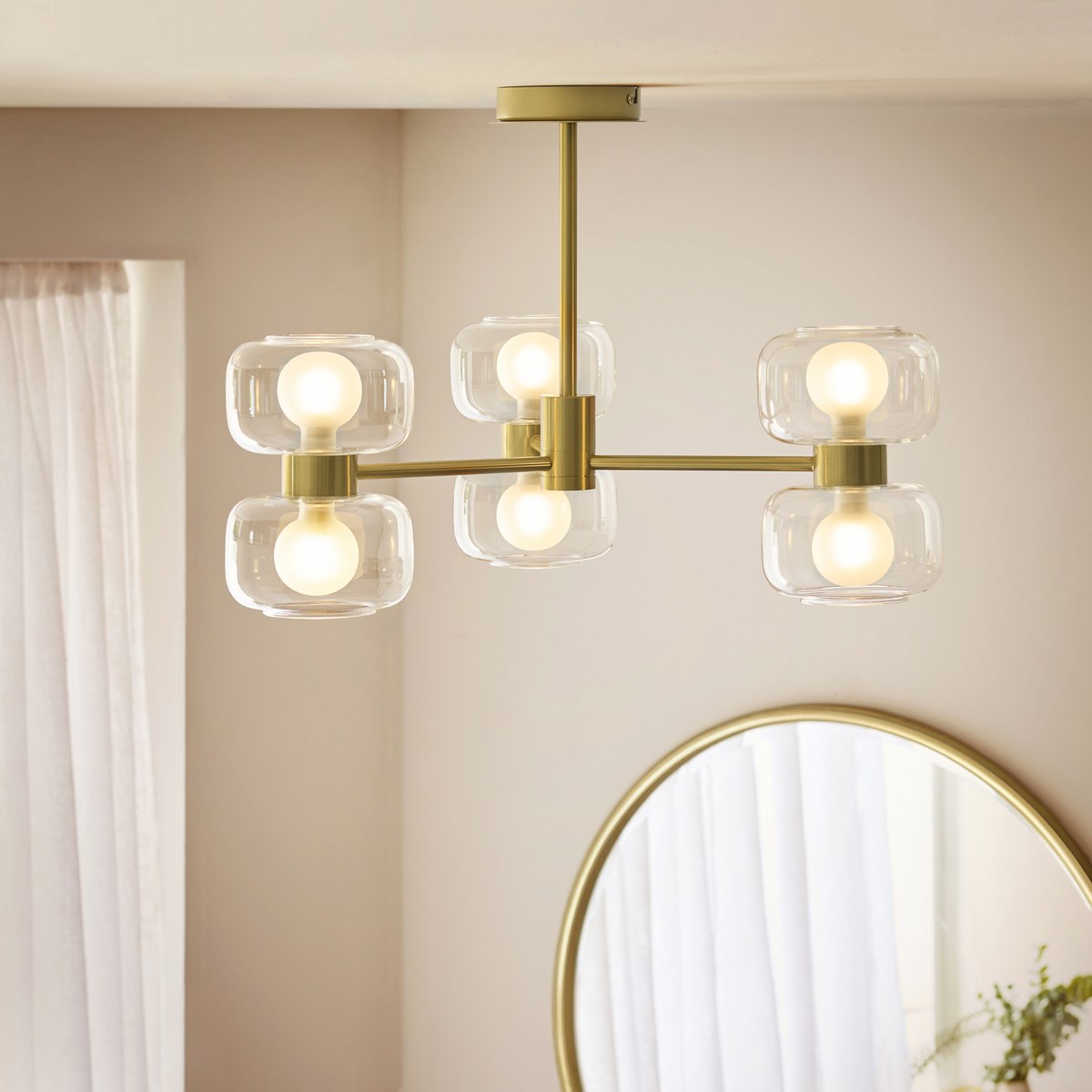Endon Rossano 6 Light Semi Flush Ceiling Light in Warm Brass with Clear & Frosted Glass