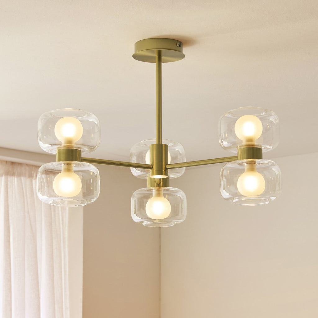 Endon Rossano 6 Light Semi Flush Ceiling Light in Warm Brass with Clear & Frosted Glass