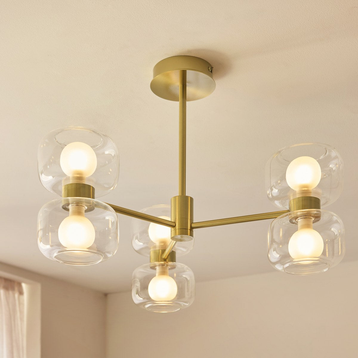 Endon Rossano 6 Light Semi Flush Ceiling Light in Warm Brass with Clear & Frosted Glass