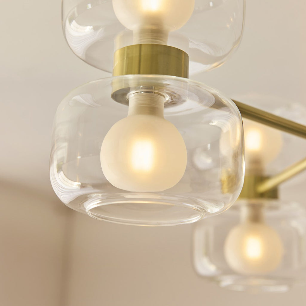 Endon Rossano 6 Light Semi Flush Ceiling Light in Warm Brass with Clear & Frosted Glass