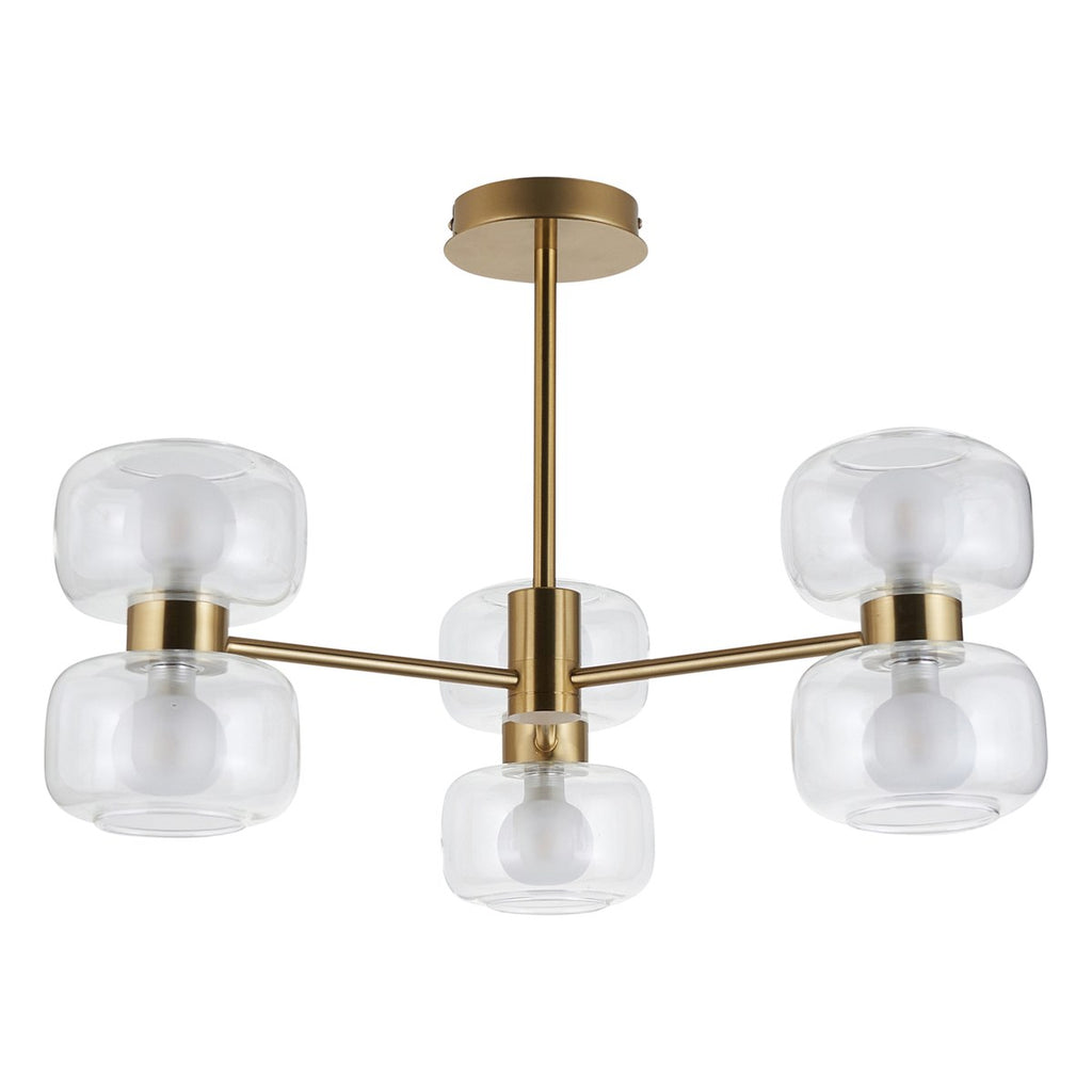 Endon Rossano 6 Light Semi Flush Ceiling Light in Warm Brass with Clear & Frosted Glass
