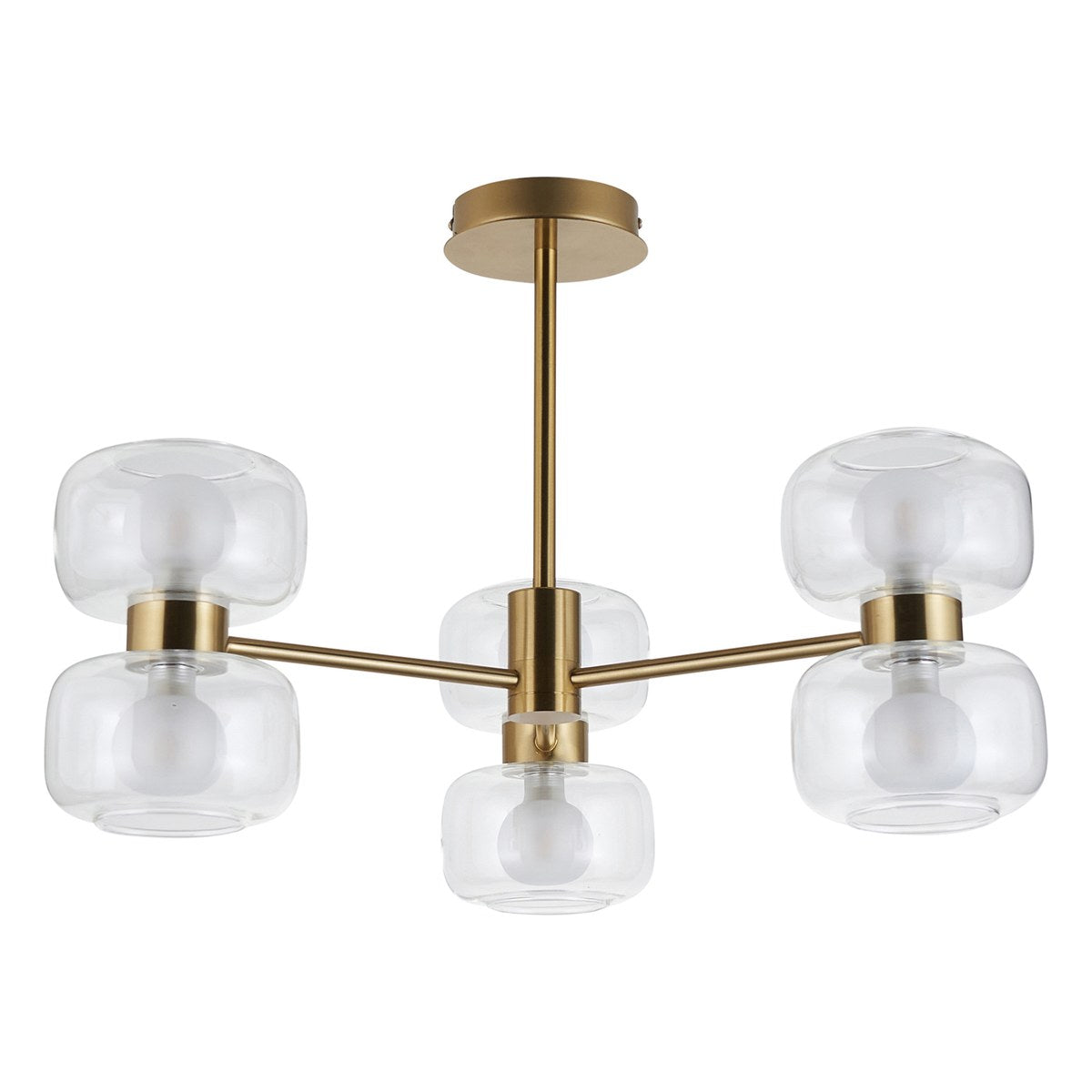 Endon Rossano 6 Light Semi Flush Ceiling Light in Warm Brass with Clear & Frosted Glass