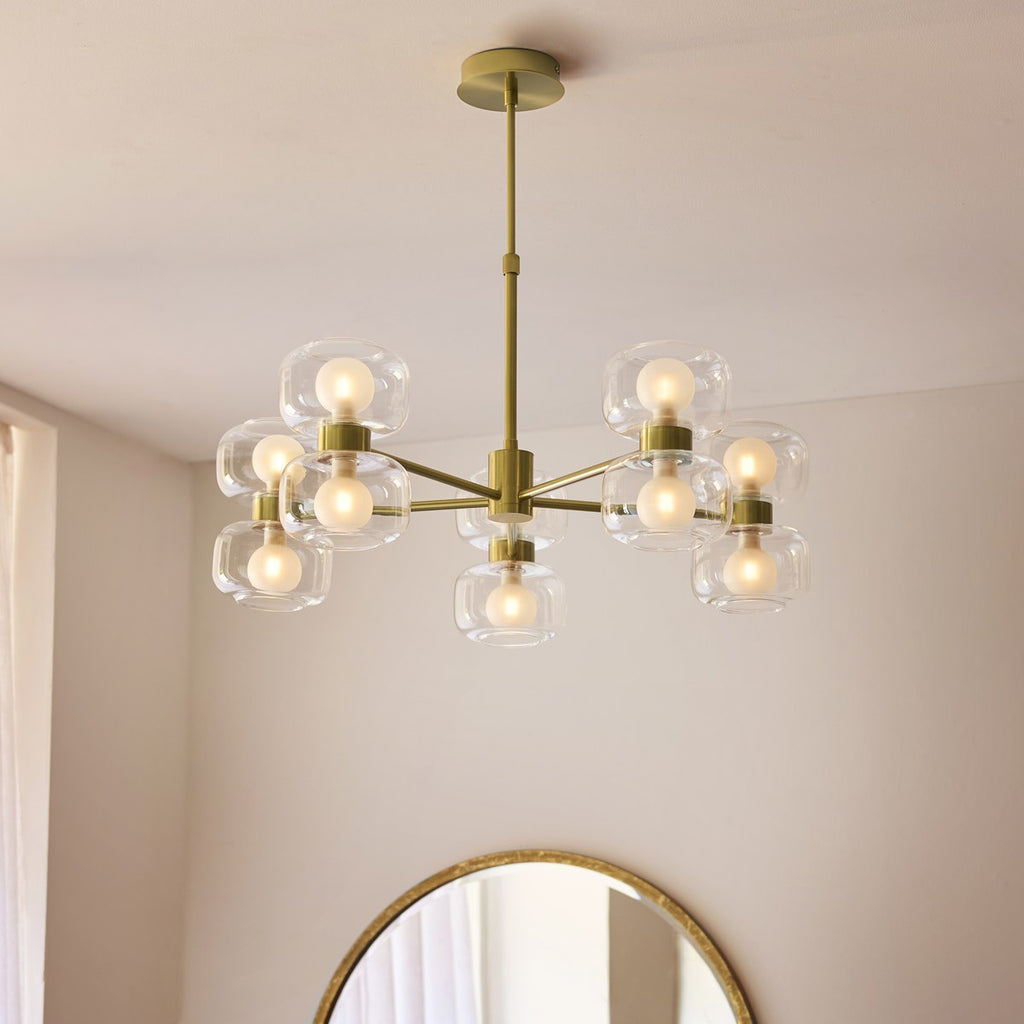 Endon Rossano 10 Light Pendant Light in Warm Brass with Clear & Frosted Glass