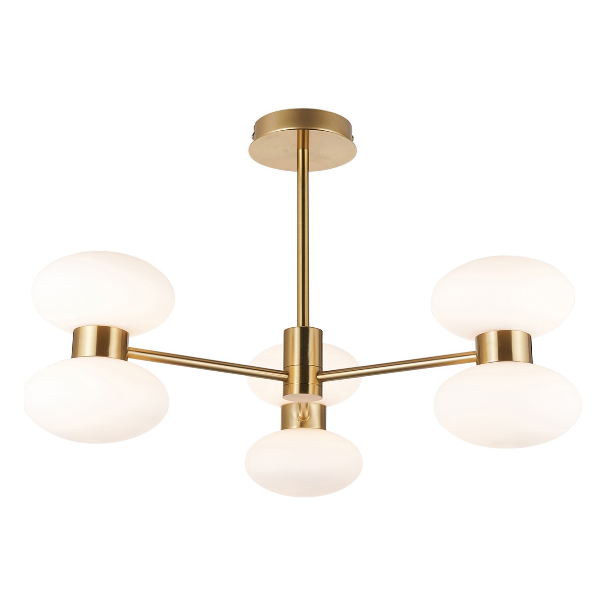 Endon Rossano 6 Light Semi Flush Ceiling Light in Warm Brass with Opal Glass