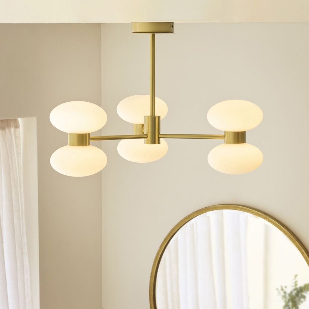 Endon Rossano 6 Light Semi Flush Ceiling Light in Warm Brass with Opal Glass