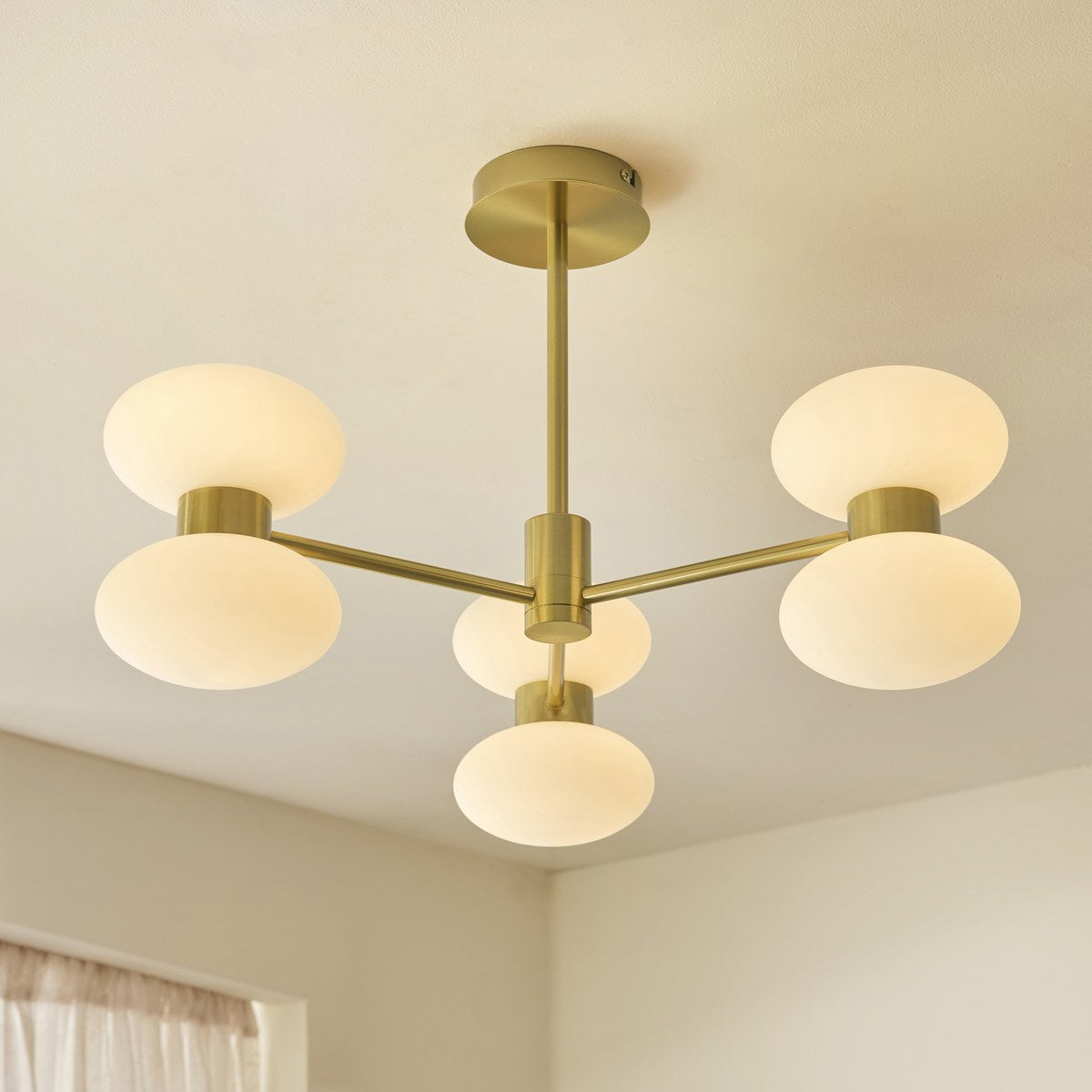 Endon Rossano 6 Light Semi Flush Ceiling Light in Warm Brass with Opal Glass