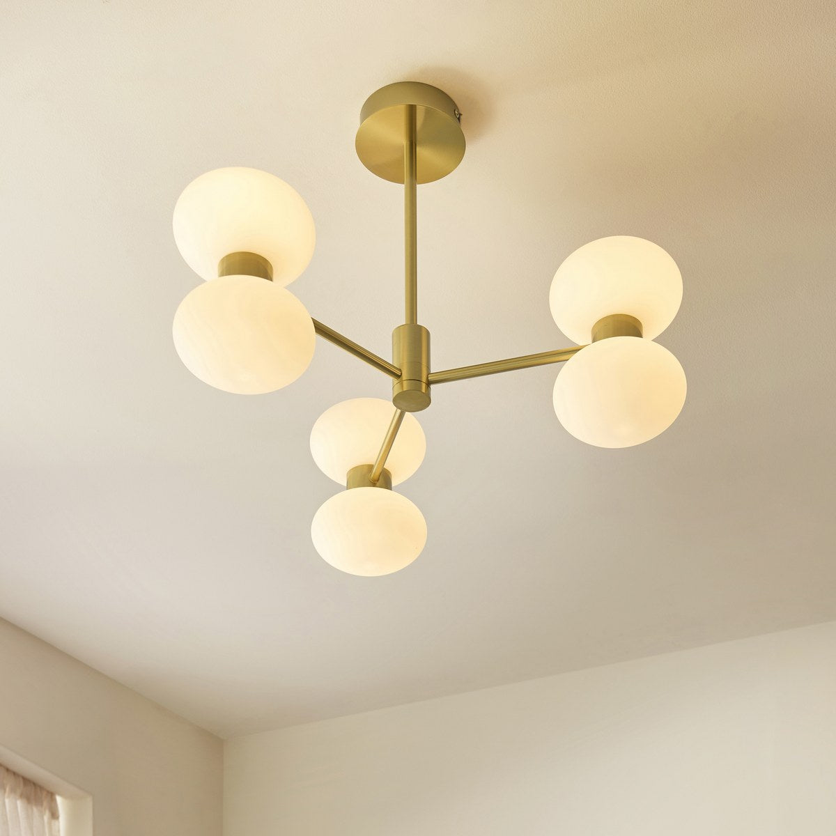Endon Rossano 6 Light Semi Flush Ceiling Light in Warm Brass with Opal Glass