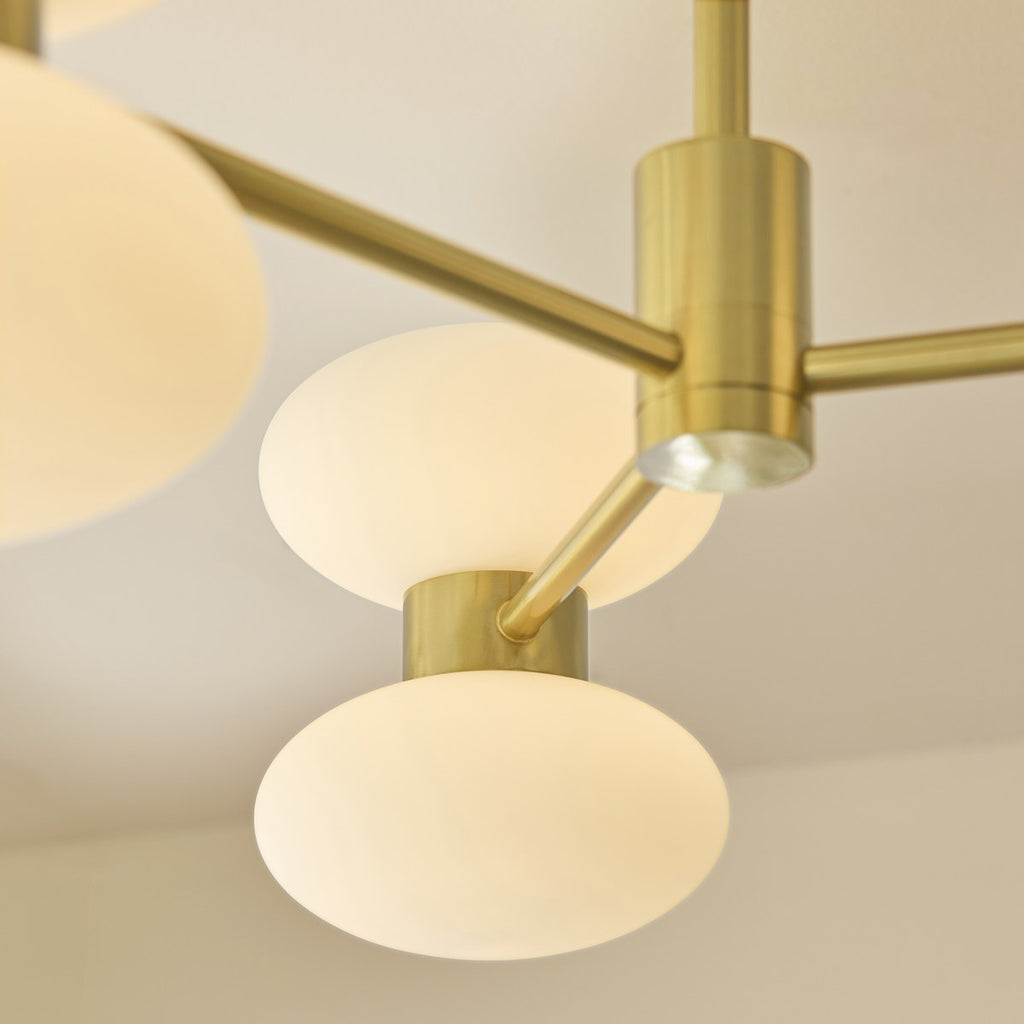 Endon Rossano 6 Light Semi Flush Ceiling Light in Warm Brass with Opal Glass