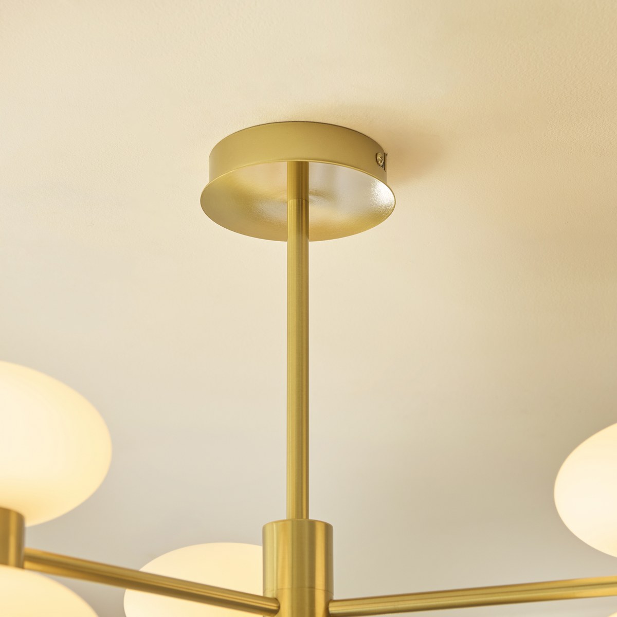 Endon Rossano 6 Light Semi Flush Ceiling Light in Warm Brass with Opal Glass