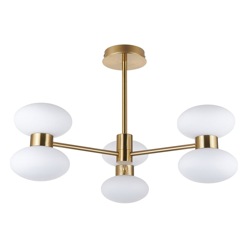 Endon Rossano 6 Light Semi Flush Ceiling Light in Warm Brass with Opal Glass