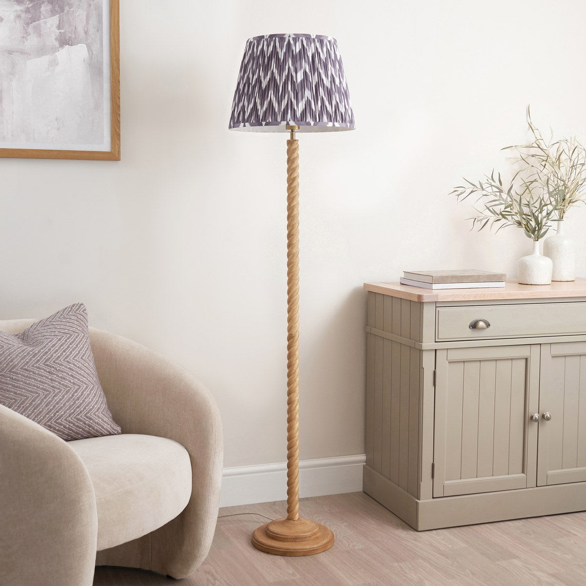Endon Twist Floor Lamp in Oak Effect with ZigZag 40cm Pearl Grey Shade