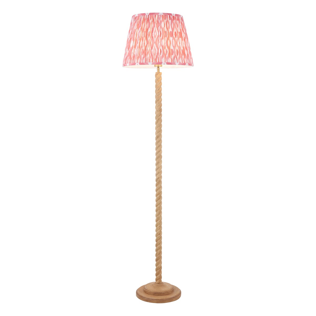 Endon Twist Floor Lamp in Oak Effect with Ikat 40cm Coral Pink Shade