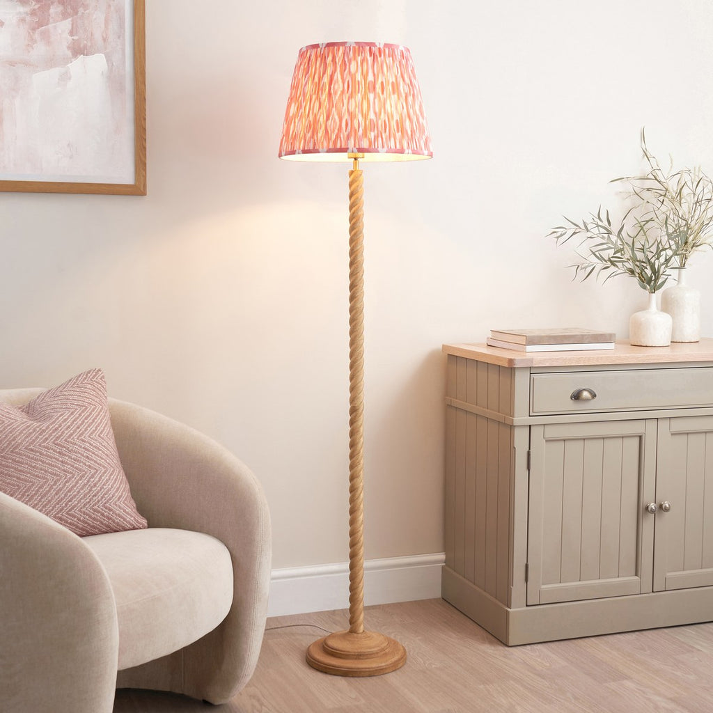 Endon Twist Floor Lamp in Oak Effect with Ikat 40cm Coral Pink Shade
