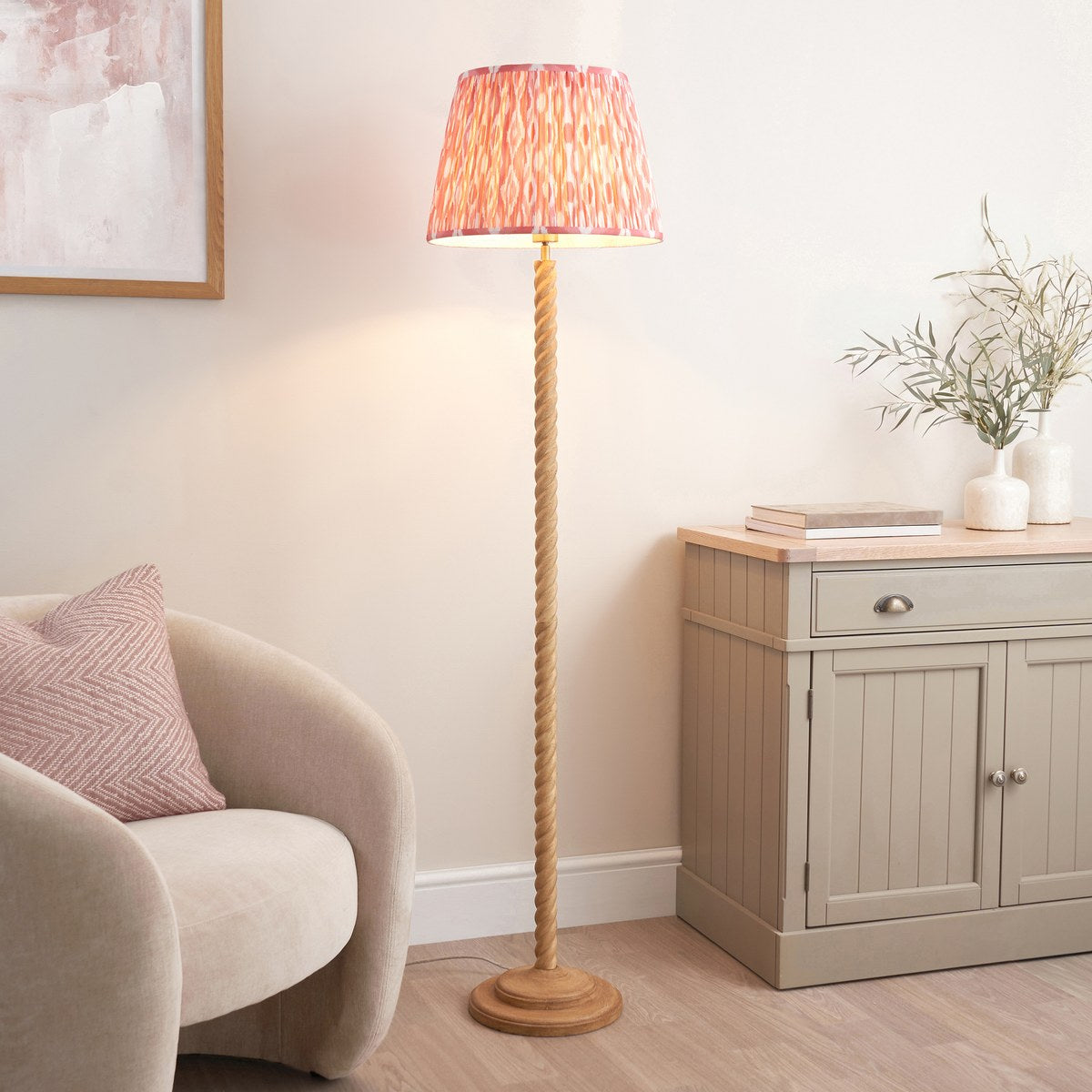 Endon Twist Floor Lamp in Oak Effect with Ikat 40cm Coral Pink Shade