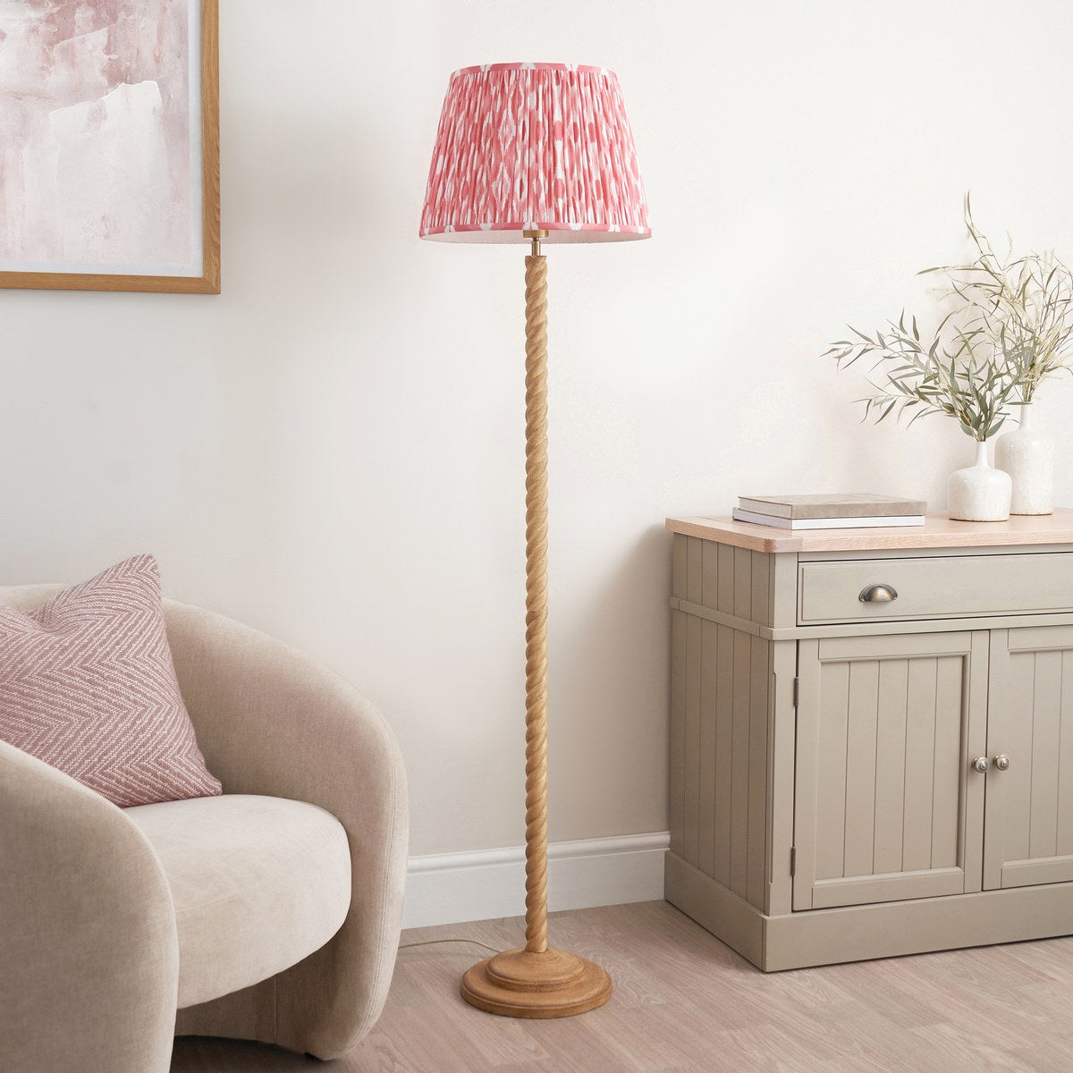 Endon Twist Floor Lamp in Oak Effect with Ikat 40cm Coral Pink Shade