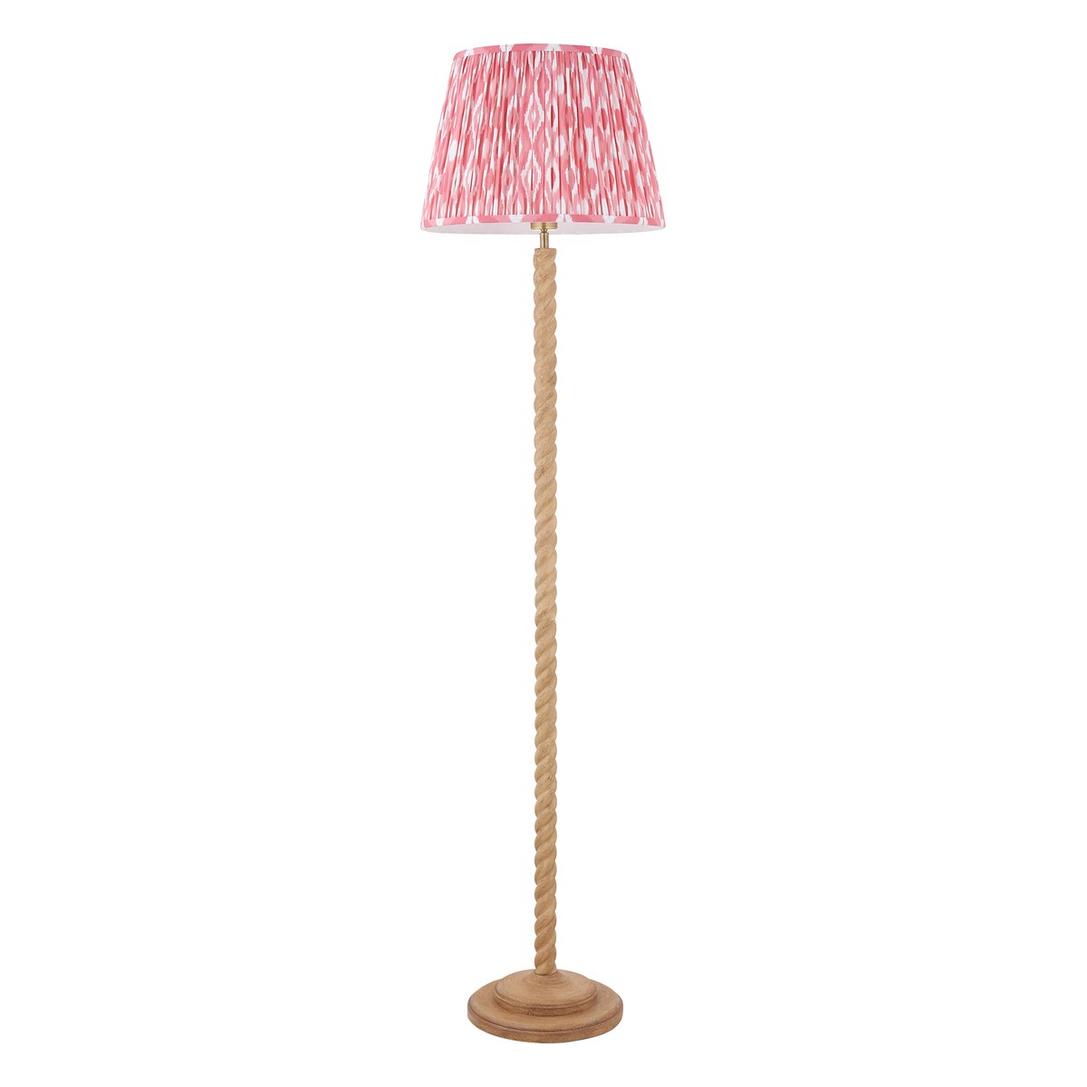 Endon Twist Floor Lamp in Oak Effect with Ikat 40cm Coral Pink Shade