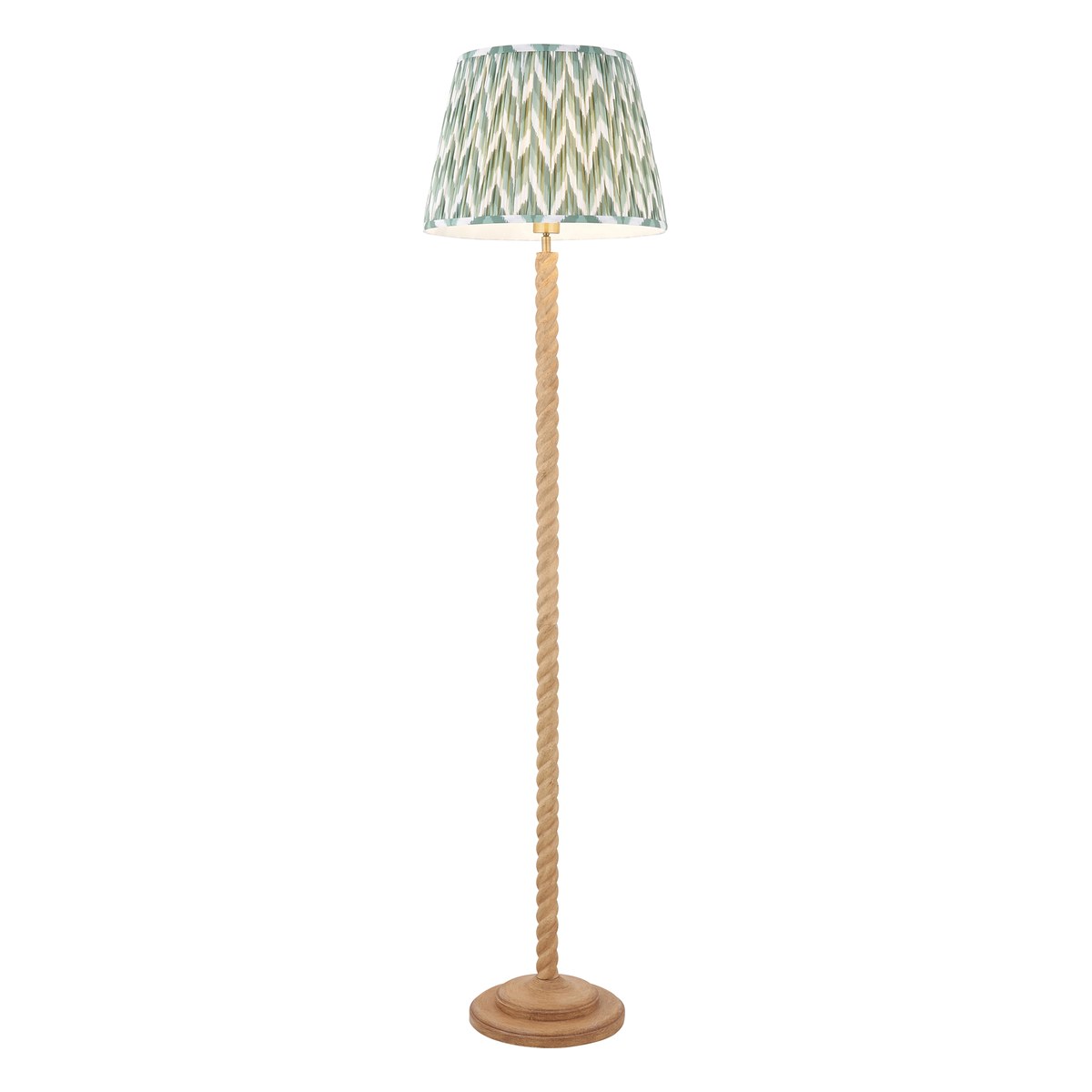 Endon Twist Floor Lamp in Oak Effect with ZigZag 40cm Cotswold Green Shade