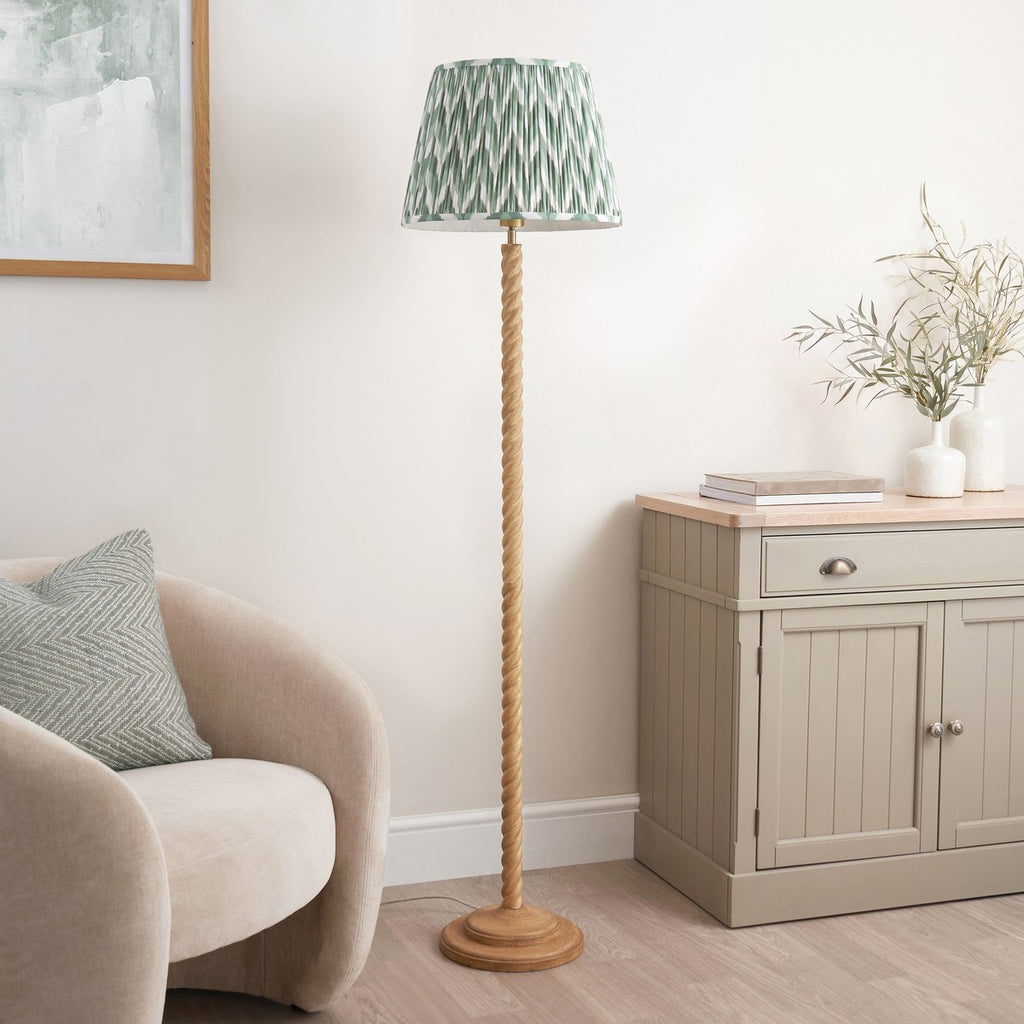 Endon Twist Floor Lamp in Oak Effect with ZigZag 40cm Cotswold Green Shade