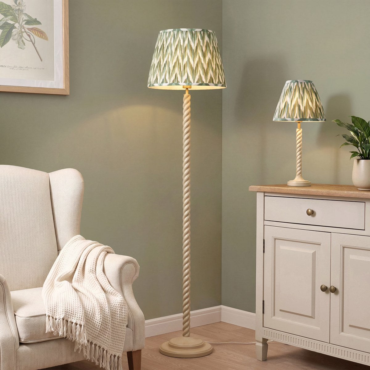 Endon Twist Floor Lamp in Satin Almond White with ZigZag 40cm Cotswold Green Shade