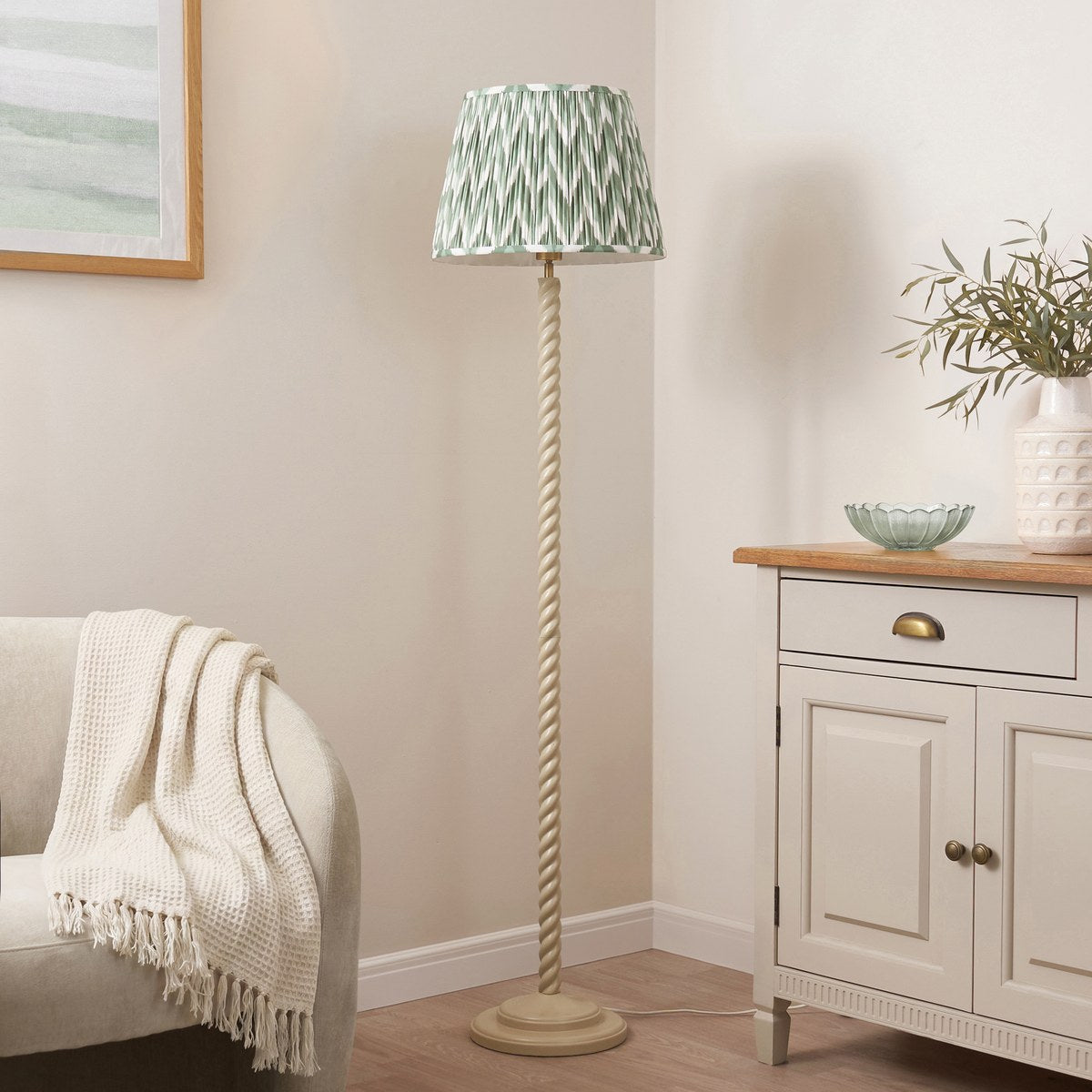 Endon Twist Floor Lamp in Satin Almond White with ZigZag 40cm Cotswold Green Shade